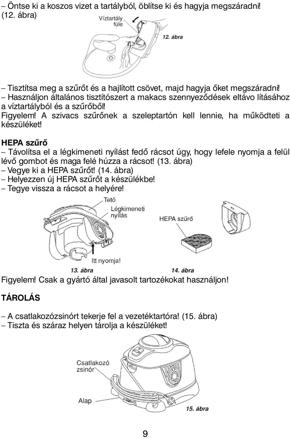 HEPA szûrô Távolítsa el a légkimeneti nyílást fedô rácsot úgy, hogy lefele nyomja a felül lévô gombot és maga felé húzza a rácsot! (13. ábra) Vegye ki a HEPA szûrôt! (14.