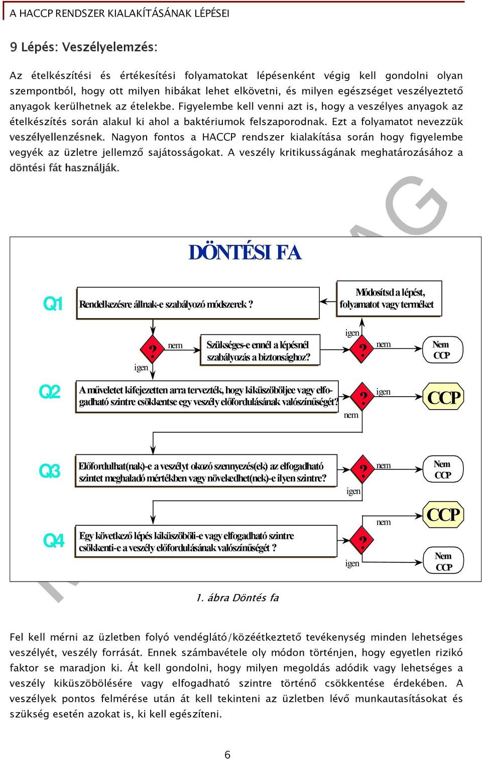 Nagyon fontos a HACCP rendszer kialakítása során hogy figyelembe vegyék az üzletre jellemző sajátosságokat. A veszély kritikusságának meghatározásához a döntési fát használják. Q1 Q2 Q3 Q4 igen?