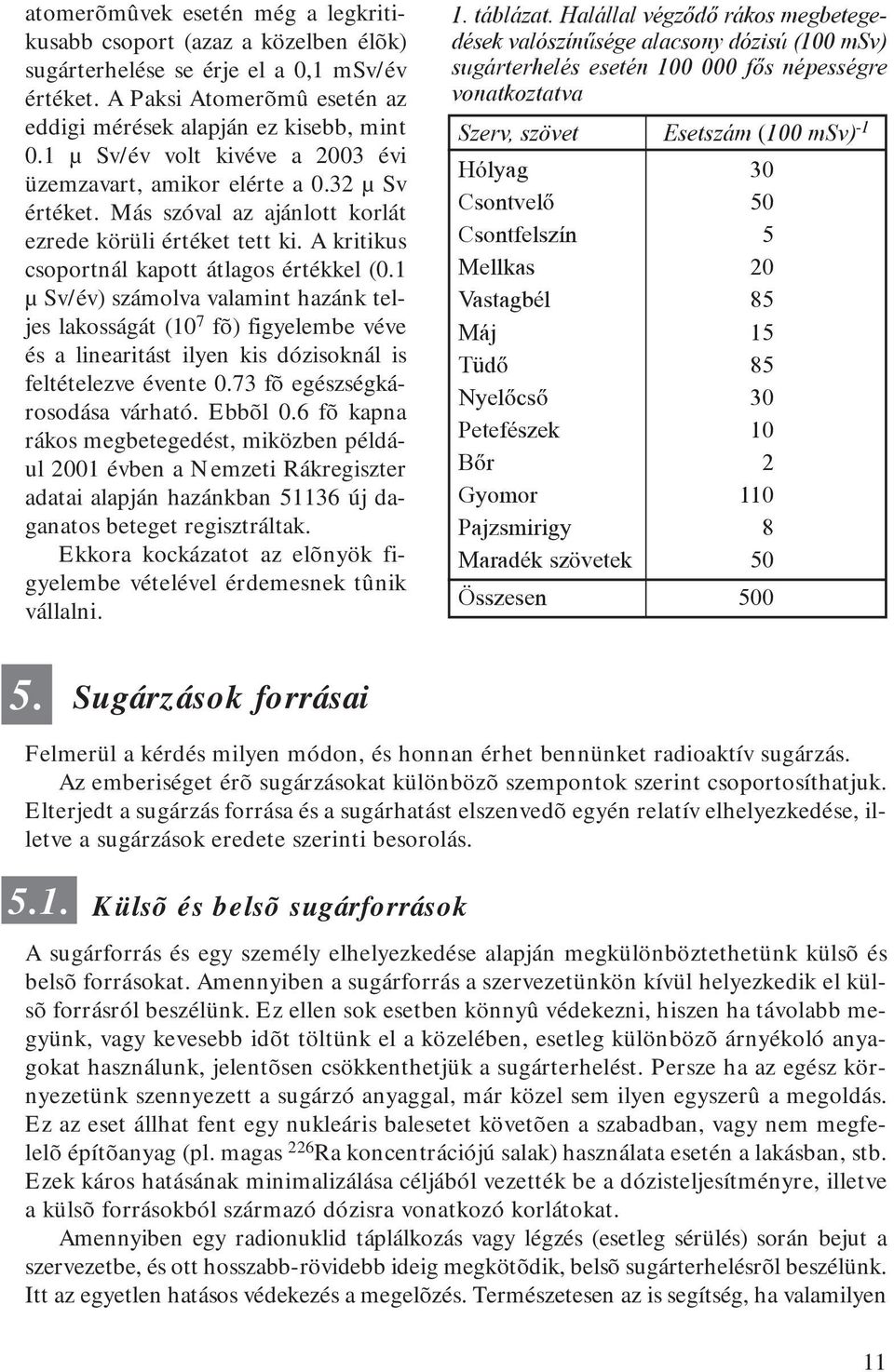 1 µ Sv/év) számolva valamint hazánk teljes lakosságát (10 7 fõ) figyelembe véve és a linearitást ilyen kis dózisoknál is feltételezve évente 0.73 fõ egészségkárosodása várható. Ebbõl 0.