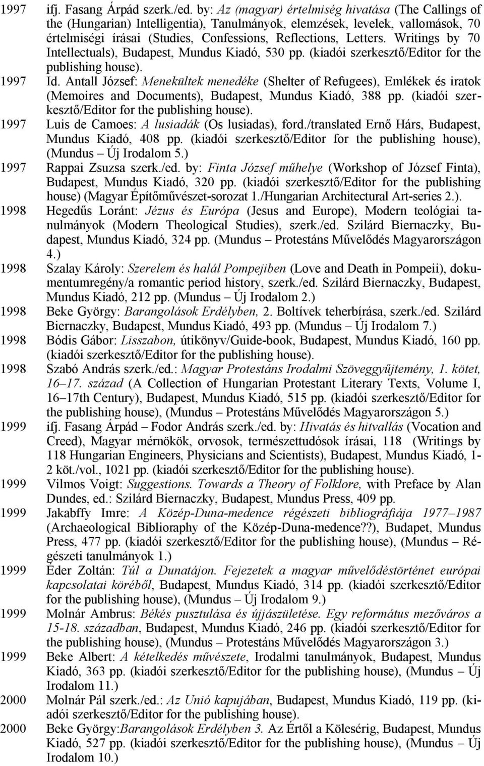 Writings by 70 Intellectuals), Budapest, Mundus Kiadó, 530 pp. (kiadói szerkesztő/editor for the publishing house). 1997 Id.