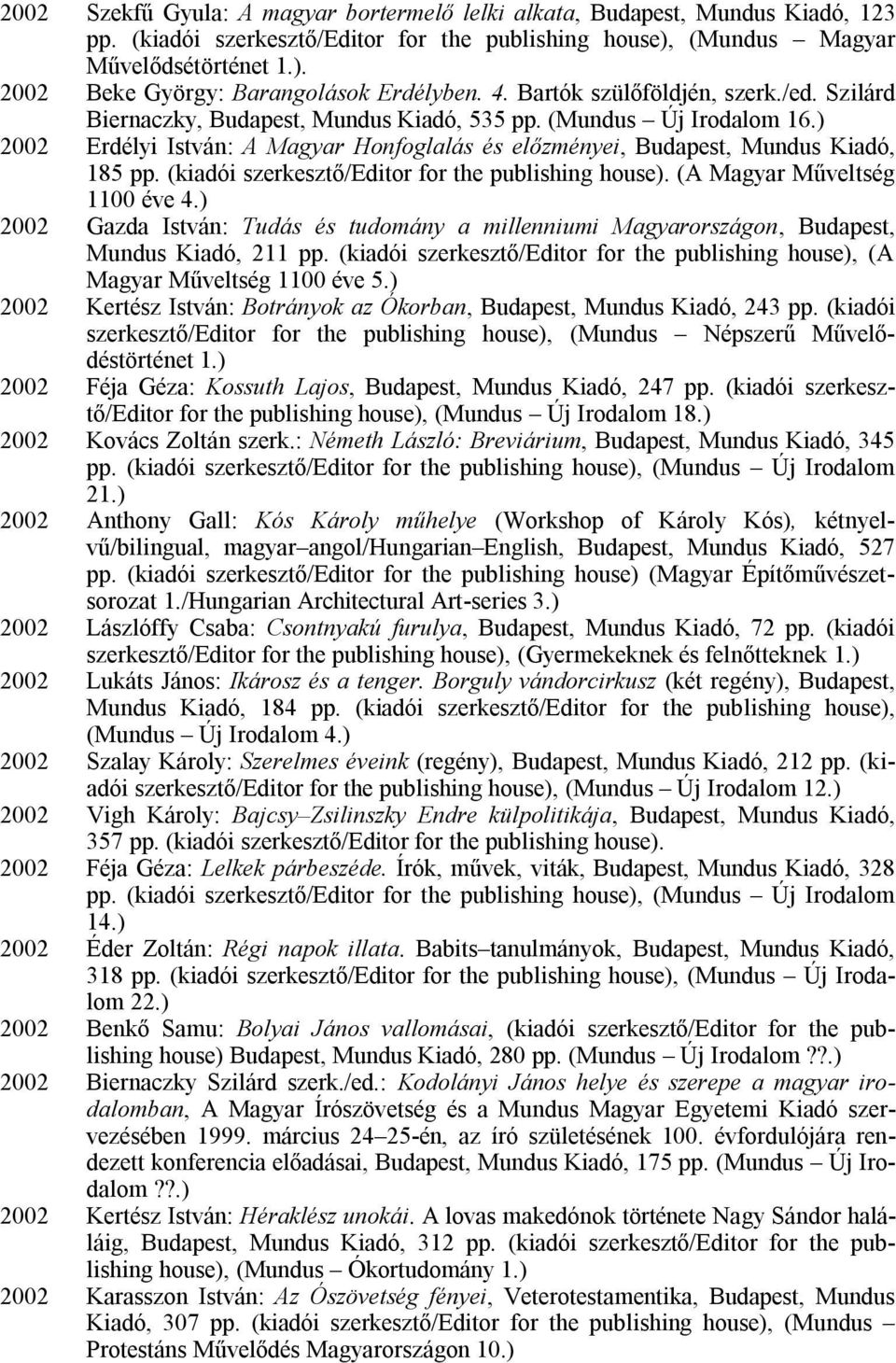 (kiadói szerkesztő/editor for the publishing house). (A Magyar Műveltség 1100 éve 4.) 2002 Gazda István: Tudás és tudomány a millenniumi Magyarországon, Budapest, Mundus Kiadó, 211 pp.