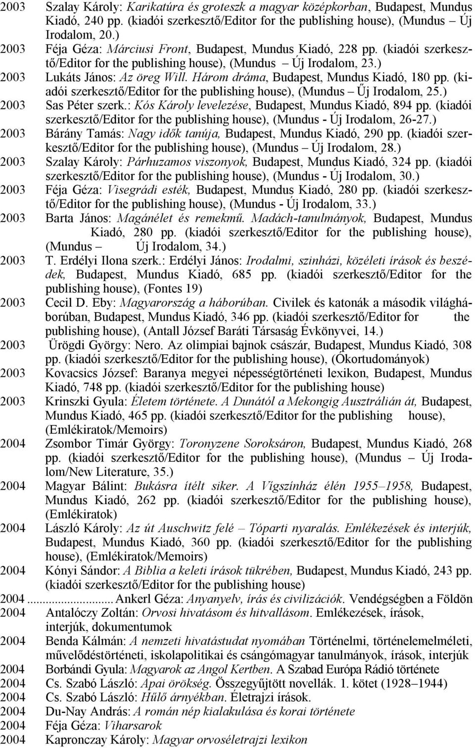 Három dráma, Budapest, Mundus Kiadó, 180 pp. (kiadói szerkesztő/editor for the publishing house), (Mundus Űj Irodalom, 25.) 2003 Sas Péter szerk.