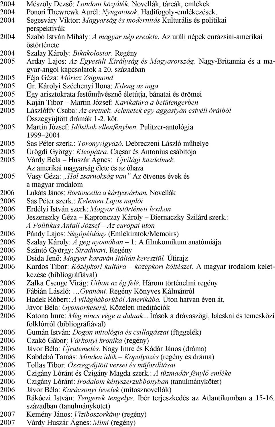 Az uráli népek eurázsiai-amerikai őstörténete 2004 Szalay Károly: Bikakolostor. Regény 2005 Arday Lajos: Az Egyesült Királyság és Magyarország. Nagy-Britannia és a magyar-angol kapcsolatok a 20.