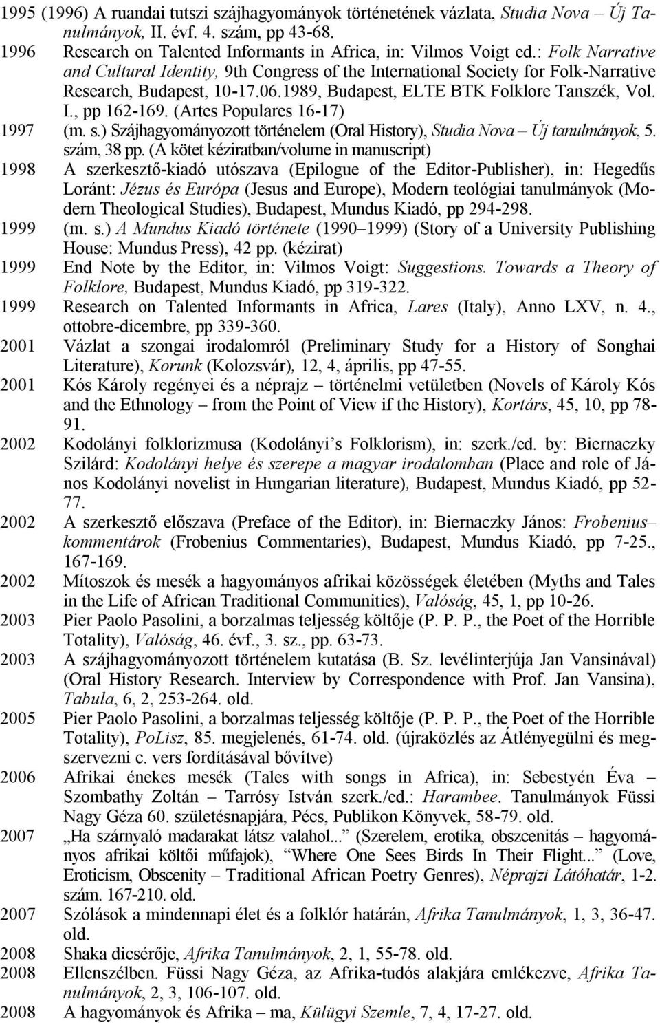 (Artes Populares 16-17) 1997 (m. s.) Szájhagyományozott történelem (Oral History), Studia Nova Új tanulmányok, 5. szám, 38 pp.