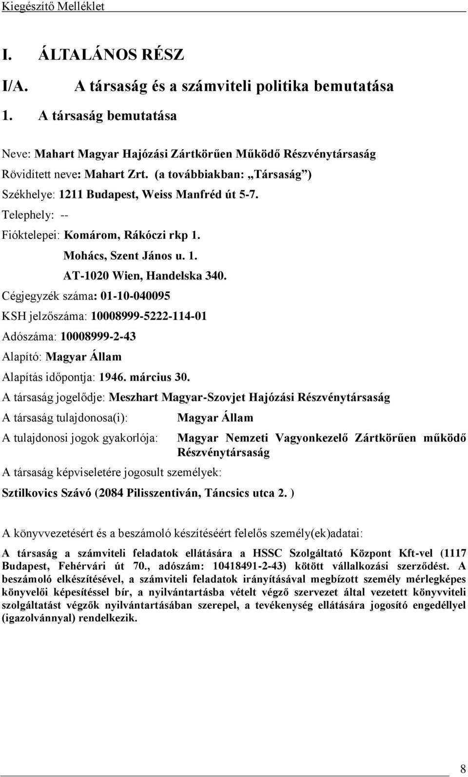 Cégjegyzék száma: 0110040095 KSH jelzőszáma: 10008999522211401 Adószáma: 10008999243 Alapító: Magyar Állam Alapítás időpontja: 1946. március 30.