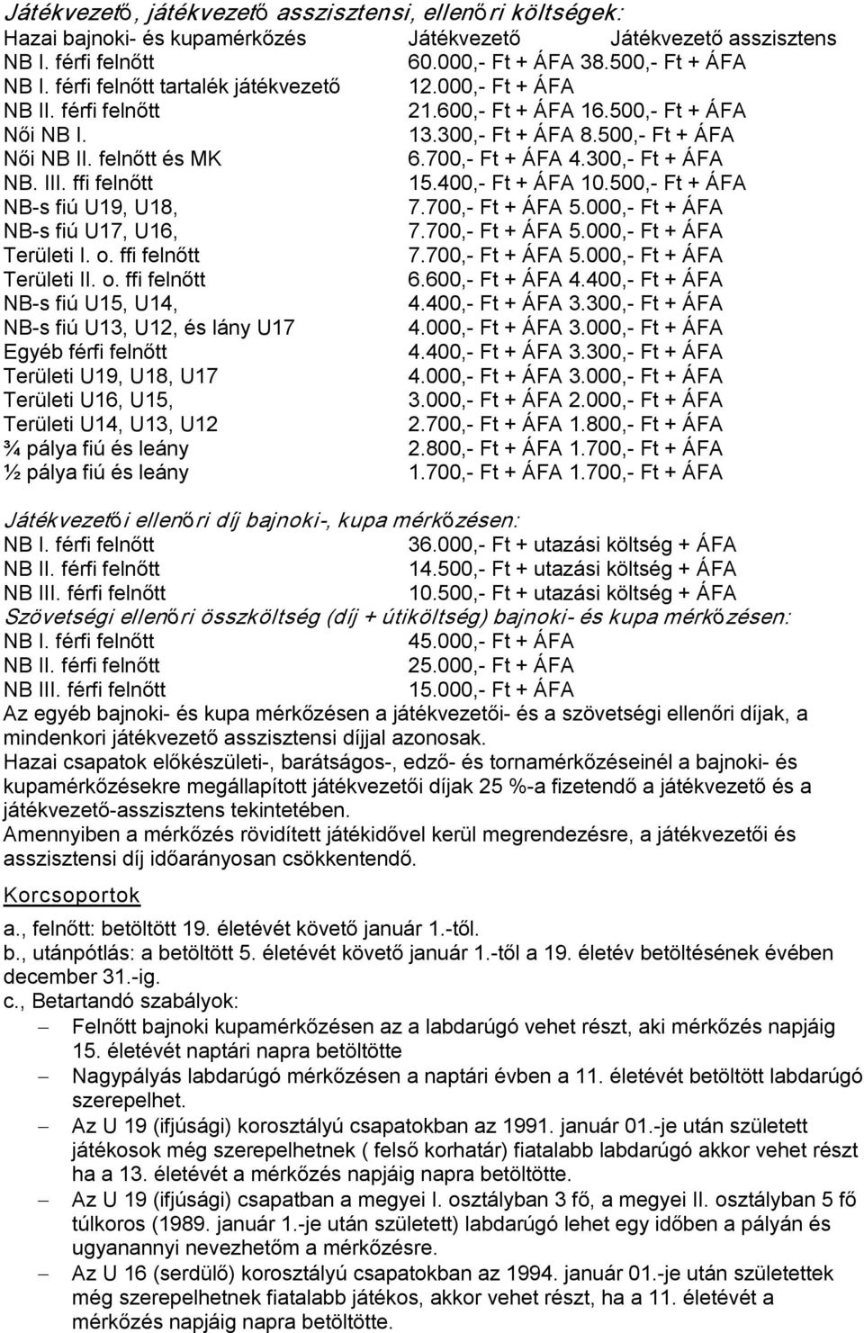 300, Ft + ÁFA NB. III. ffi felnőtt 15.400, Ft + ÁFA 10.500, Ft + ÁFA NB s fiú U19, U18, 7.700, Ft + ÁFA 5.000, Ft + ÁFA NB s fiú U17, U16, 7.700, Ft + ÁFA 5.000, Ft + ÁFA Területi I. o. ffi felnőtt 7.