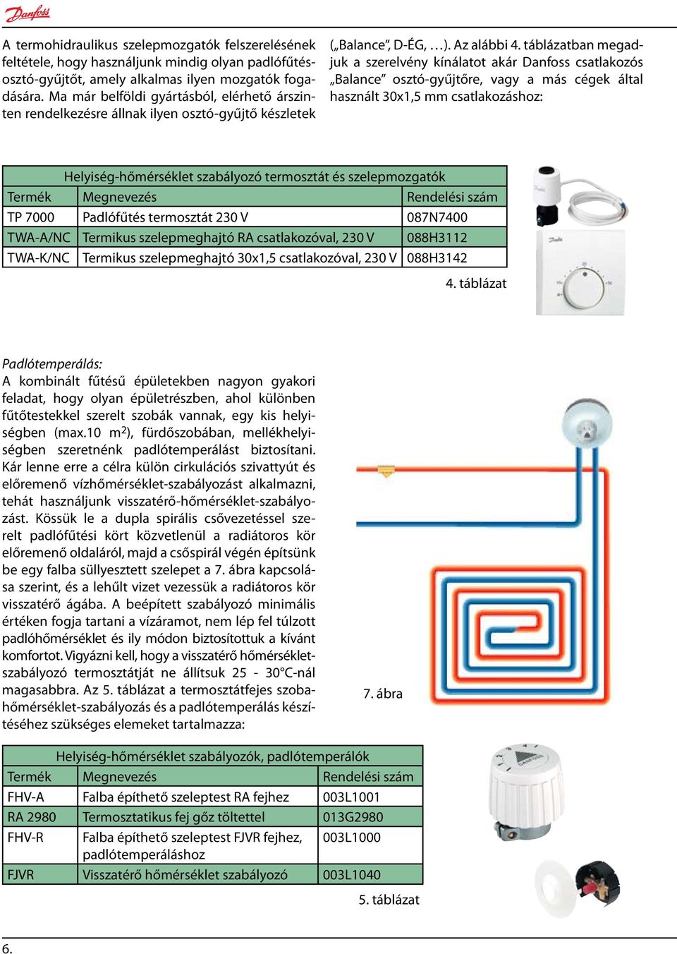 táblázatban megadjuk a szerelvény kínálatot akár Danfoss csatlakozós Balance osztó-gyűjtőre, vagy a más cégek által használt 30x1,5 mm csatlakozáshoz: Helyiség-hőmérséklet szabályozó termosztát és