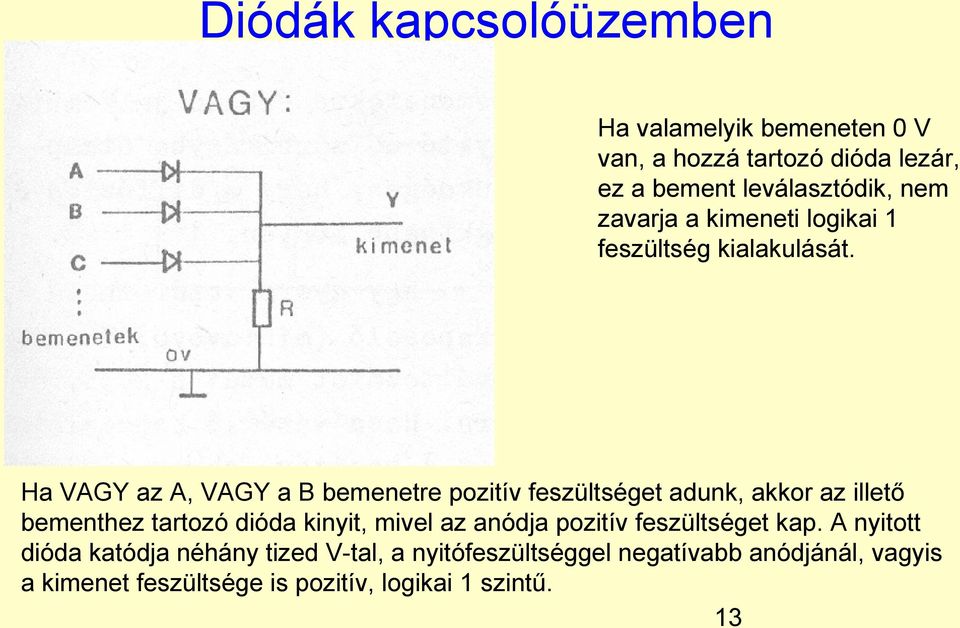 Ha VAGY az A, VAGY a B bemenetre pozitív feszültséget adunk, akkor az illető bementhez tartozó dióda kinyit, mivel az