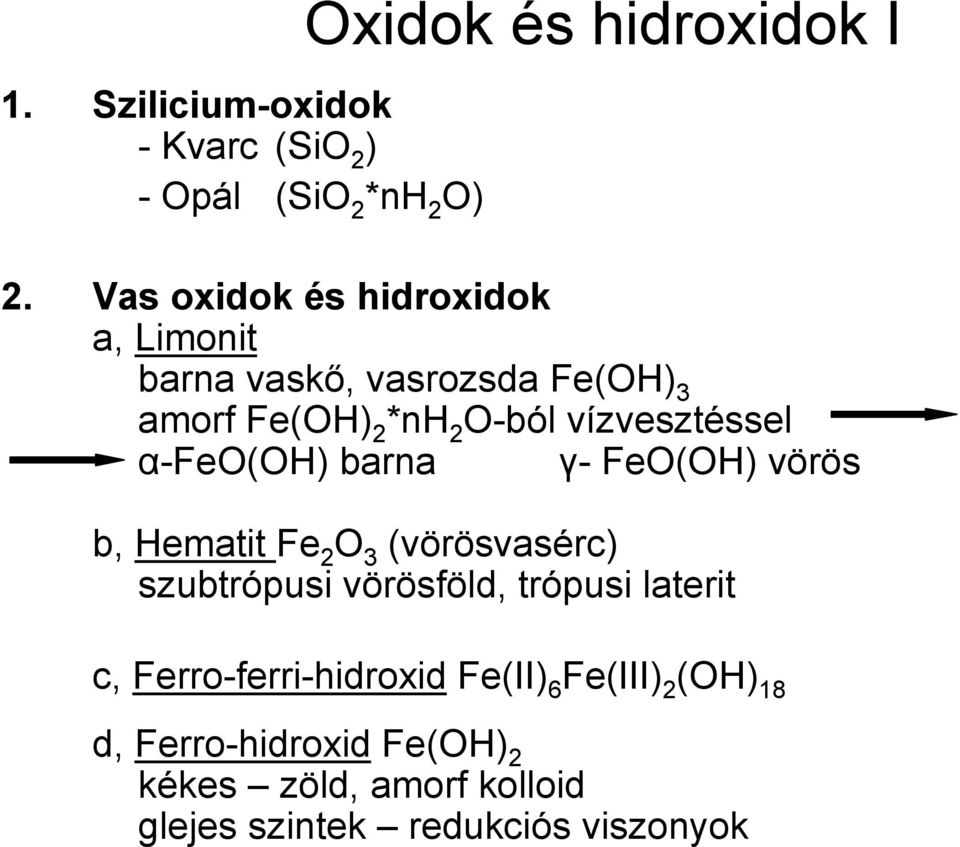 α-feo(oh) barna γ- FeO(OH) vörös b, Hematit Fe 2 O 3 (vörösvasérc) szubtrópusi vörösföld, trópusi laterit c,