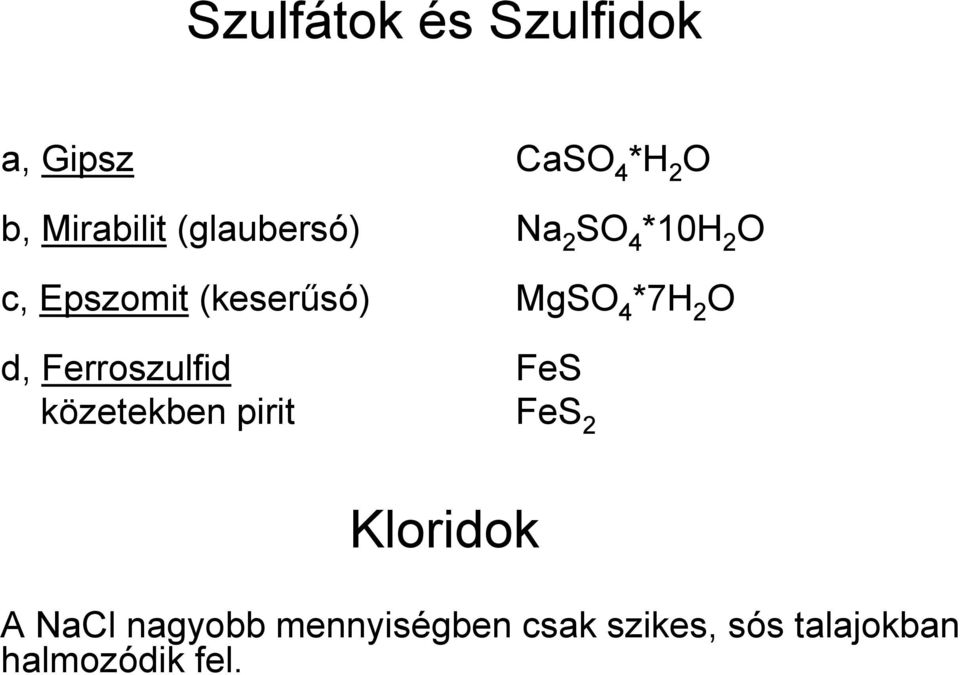 *7H 2 O d, Ferroszulfid FeS közetekben pirit FeS 2 Kloridok A