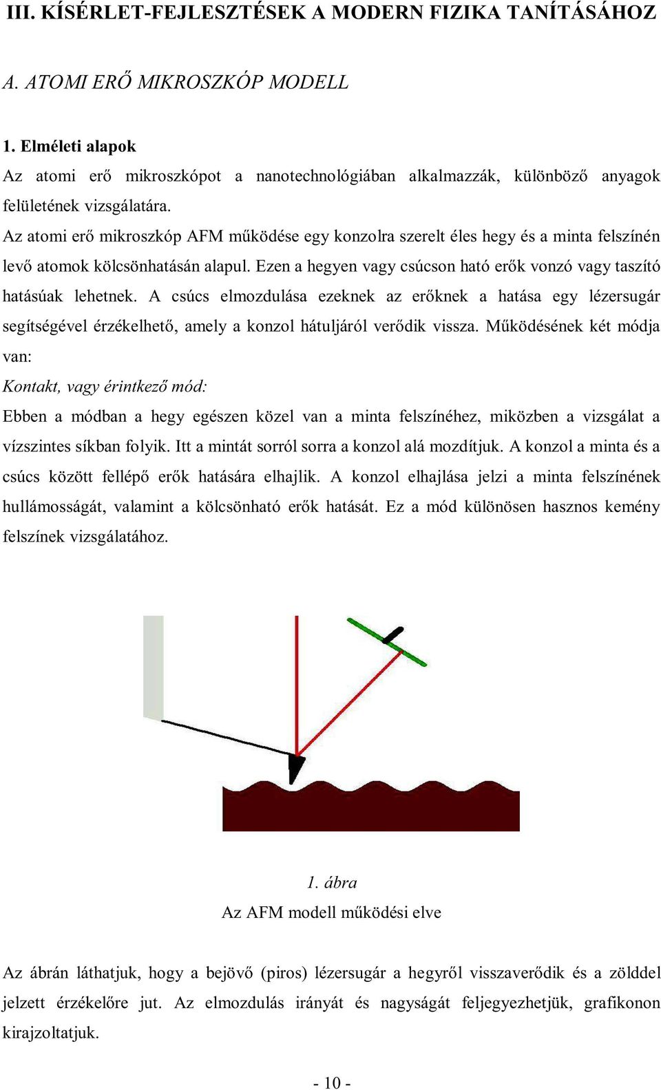 Az atomi erő mikroszkóp AFM működése egy konzolra szerelt éles hegy és a minta felszínén levő atomok kölcsönhatásán alapul. Ezen a hegyen vagy csúcson ható erők vonzó vagy taszító hatásúak lehetnek.