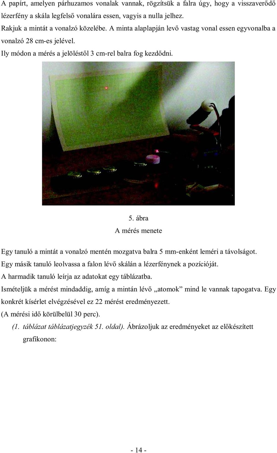 ábra A mérés menete Egy tanuló a mintát a vonalzó mentén mozgatva balra 5 mm-enként leméri a távolságot. Egy másik tanuló leolvassa a falon lévő skálán a lézerfénynek a pozícióját.