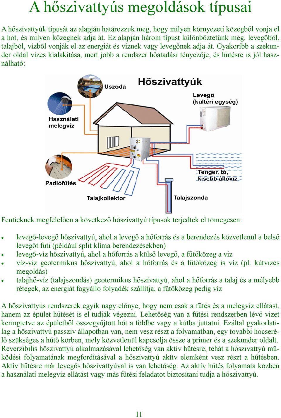 Gyakoribb a szekunder oldal vizes kialakítása, mert jobb a rendszer hőátadási tényezője, és hűtésre is jól használható: Fentieknek megfelelően a következő hőszivattyú típusok terjedtek el tömegesen: