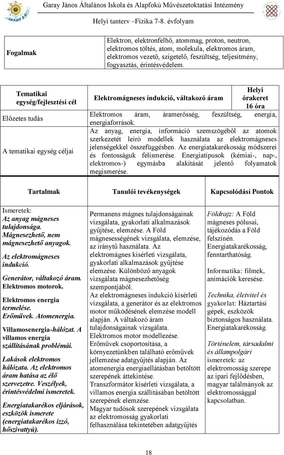 energiaforrások. Az anyag, energia, információ szemszögéből az atomok szerkezetét leíró modellek használata az elektromágneses jelenségekkel összefüggésben.