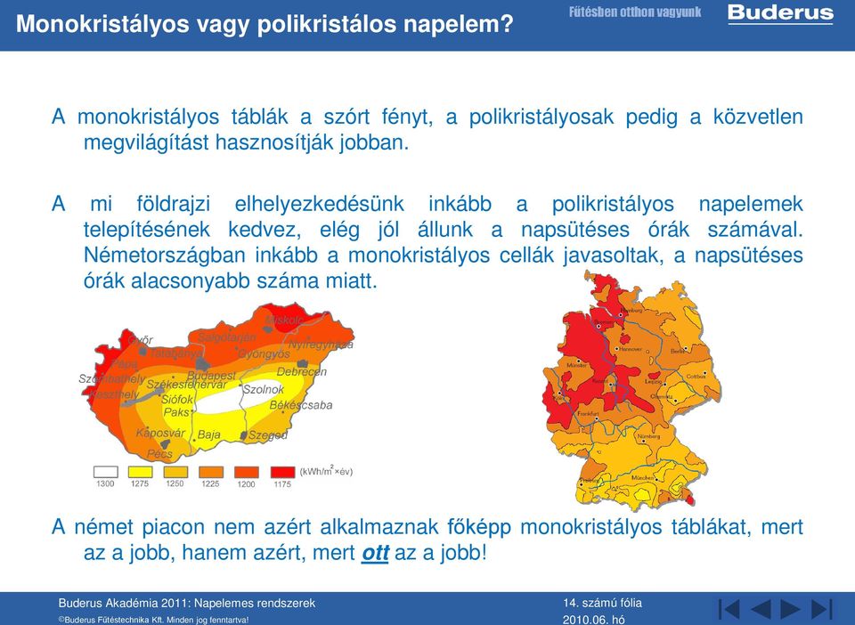 A mi földrajzi elhelyezkedésünk inkább a polikristályos napelemek telepítésének kedvez, elég jól állunk a napsütéses órák