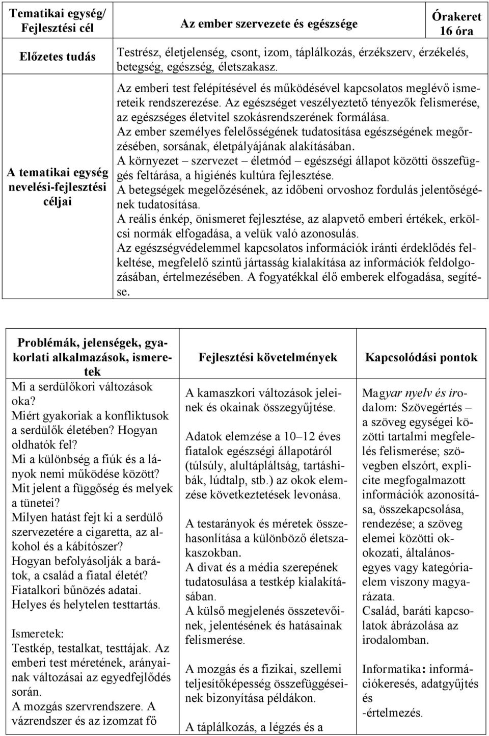 Az egészséget veszélyeztető tényezők felismerése, az egészséges életvitel szokásrendszerének formálása.