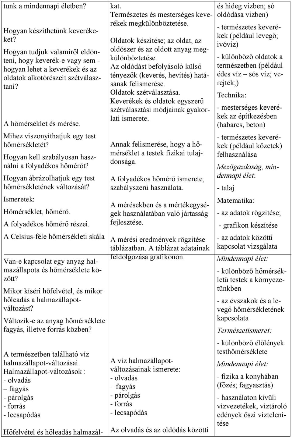 Hőmérséklet, hőmérő. A folyadékos hőmérő részei. A Celsius-féle hőmérsékleti skála Van-e kapcsolat egy anyag halmazállapota és hőmérséklete között?