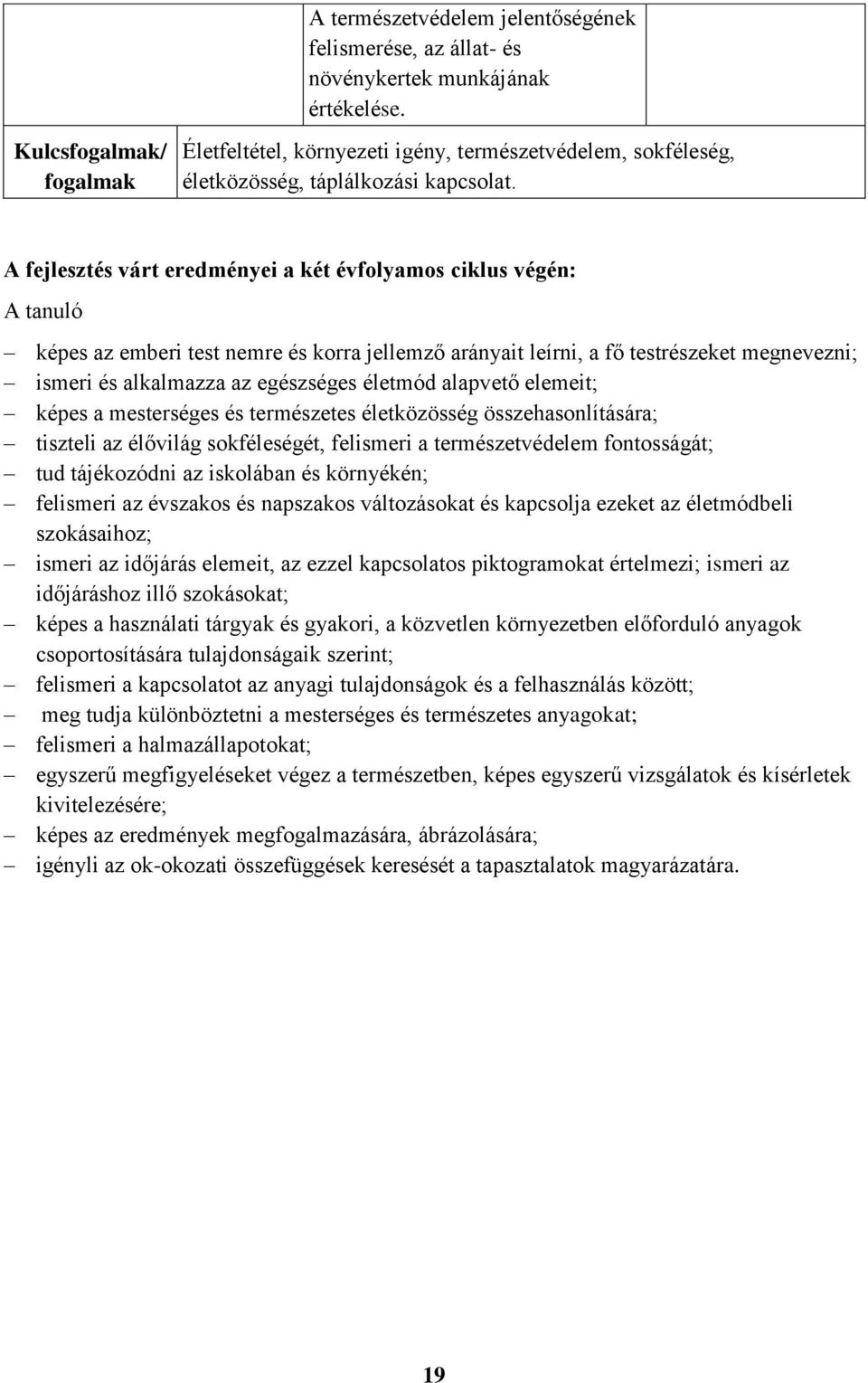 A fejlesztés várt eredményei a két évfolyamos ciklus végén: A tanuló képes az emberi test nemre és korra jellemző arányait leírni, a fő testrészeket megnevezni; ismeri és alkalmazza az egészséges