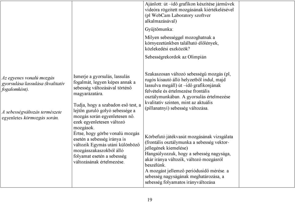 A sebességváltozás természete egyenletes körmozgás során. Ismerje a gyorsulás, lassulás fogalmát, legyen képes annak a sebesség változásával történő magyarázatára.