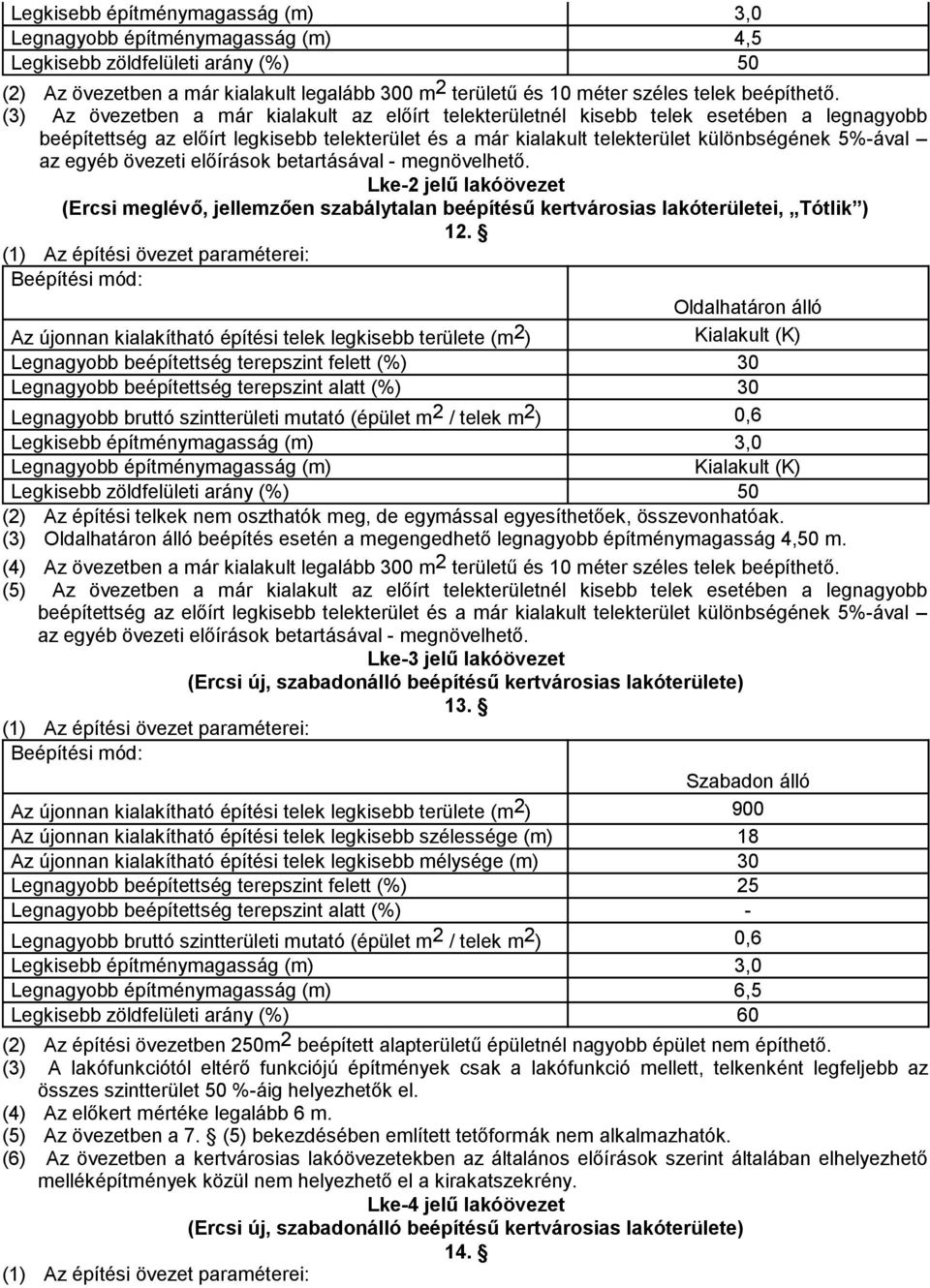 (3) Az övezetben a már kialakult az előírt telekterületnél kisebb telek esetében a legnagyobb beépítettség az előírt legkisebb telekterület és a már kialakult telekterület különbségének 5%-ával az