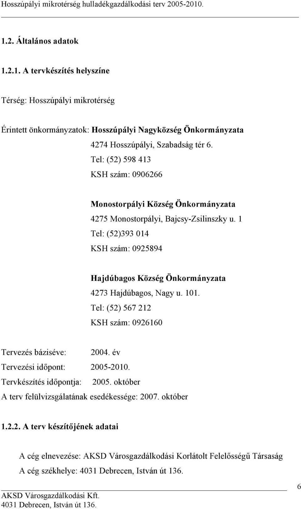 1 Tel: (52)393 014 KSH szám: 0925894 Hajdúbagos Község Önkormányzata 4273 Hajdúbagos, Nagy u. 101. Tel: (52) 567 212 KSH szám: 0926160 Tervezés báziséve: 2004.