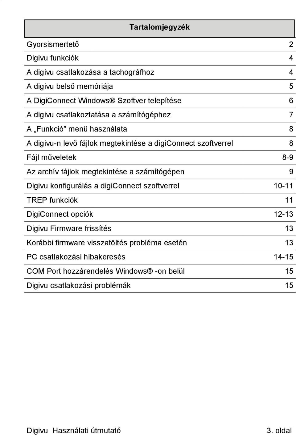 fájlok megtekintése a számítógépen 9 Digivu konfigurálás a digiconnect szoftverrel 10-11 TREP funkciók 11 DigiConnect opciók 12-13 Digivu Firmware frissítés 13