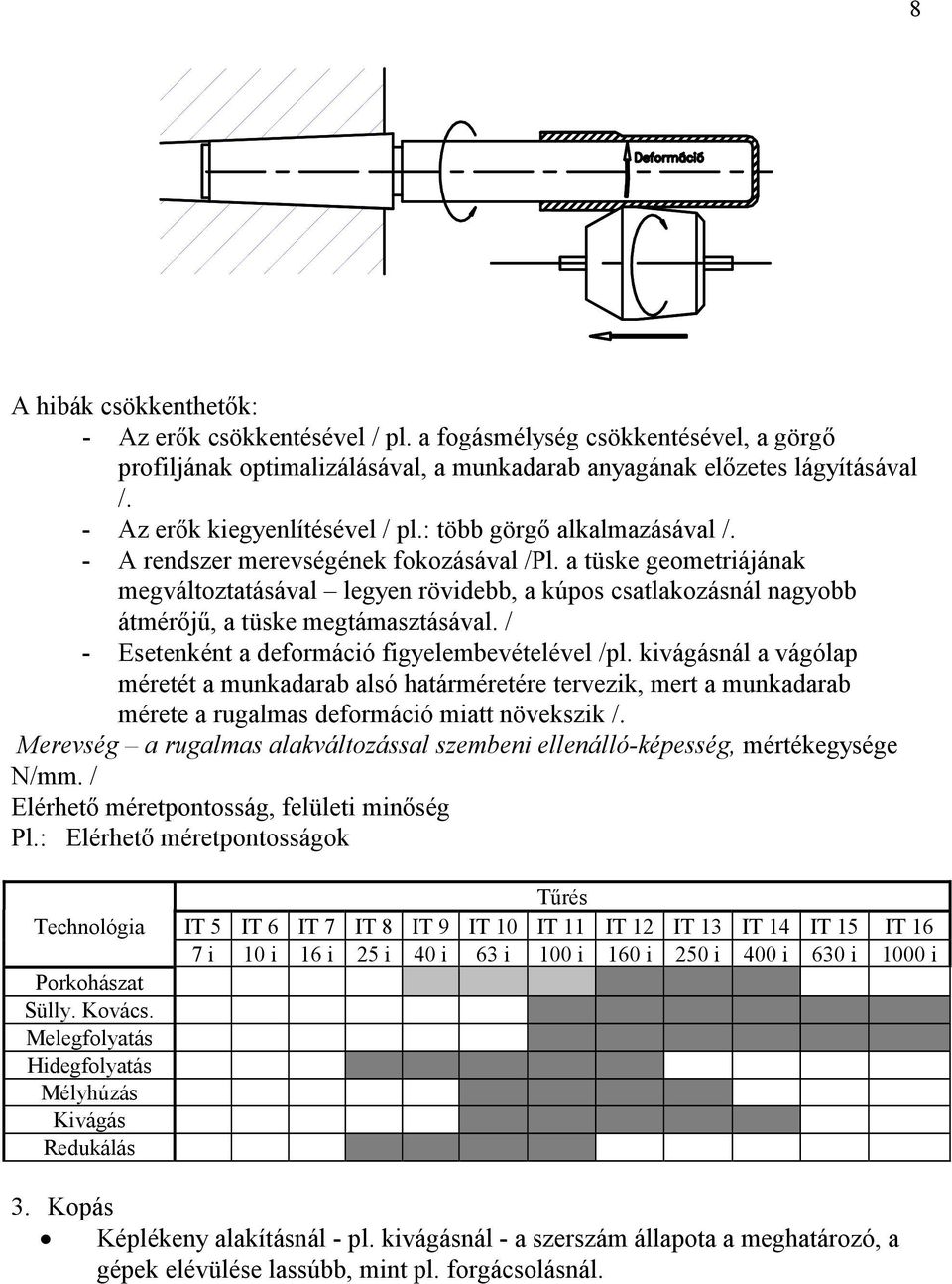 a tüske geometriájának megváltoztatásával legyen rövidebb, a kúpos csatlakozásnál nagyobb átmérőjű, a tüske megtámasztásával. / - Esetenként a deformáció figyelembevételével /pl.