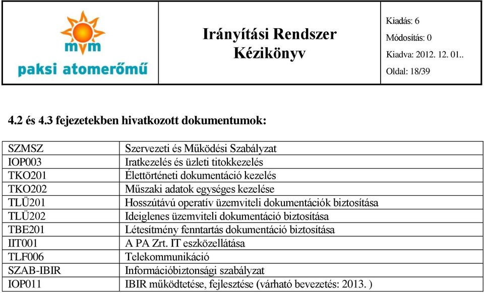 Élettörténeti dokumentáció kezelés TKO202 Műszaki adatok egységes kezelése TLÜ201 Hosszútávú operatív üzemviteli dokumentációk biztosítása