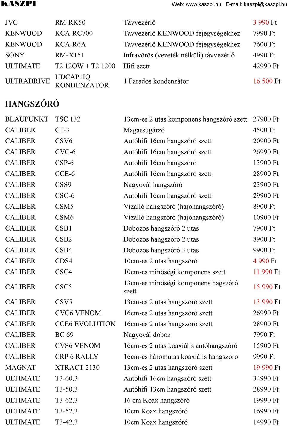 Magassugárzó 4500 CALIBER CSV6 Autóhifi 16cm hangszóró szett 20900 CALIBER CVC-6 Autóhifi 16cm hangszóró szett 26990 CALIBER CSP-6 Autóhifi 16cm hangszóró 13900 CALIBER CCE-6 Autóhifi 16cm hangszóró