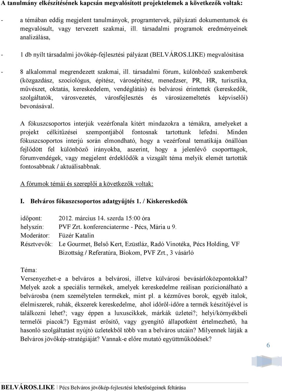 társadalmi fórum, különböző szakemberek (közgazdász, szociológus, építész, városépítész, menedzser, PR, HR, turisztika, művészet, oktatás, kereskedelem, vendéglátás) és belvárosi érintettek