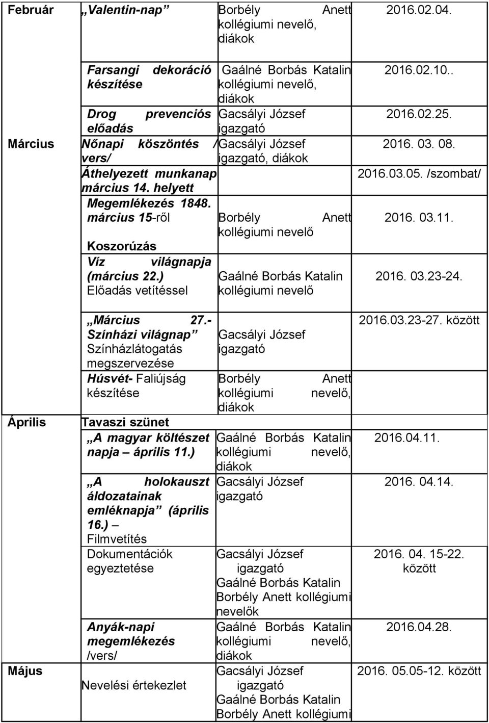 2016.02.10.. 2016.02.25. 2016. 03. 08. 2016.03.05. /szombat/ 2016. 03.11. 2016. 03.23-24. Április Május Március 27.