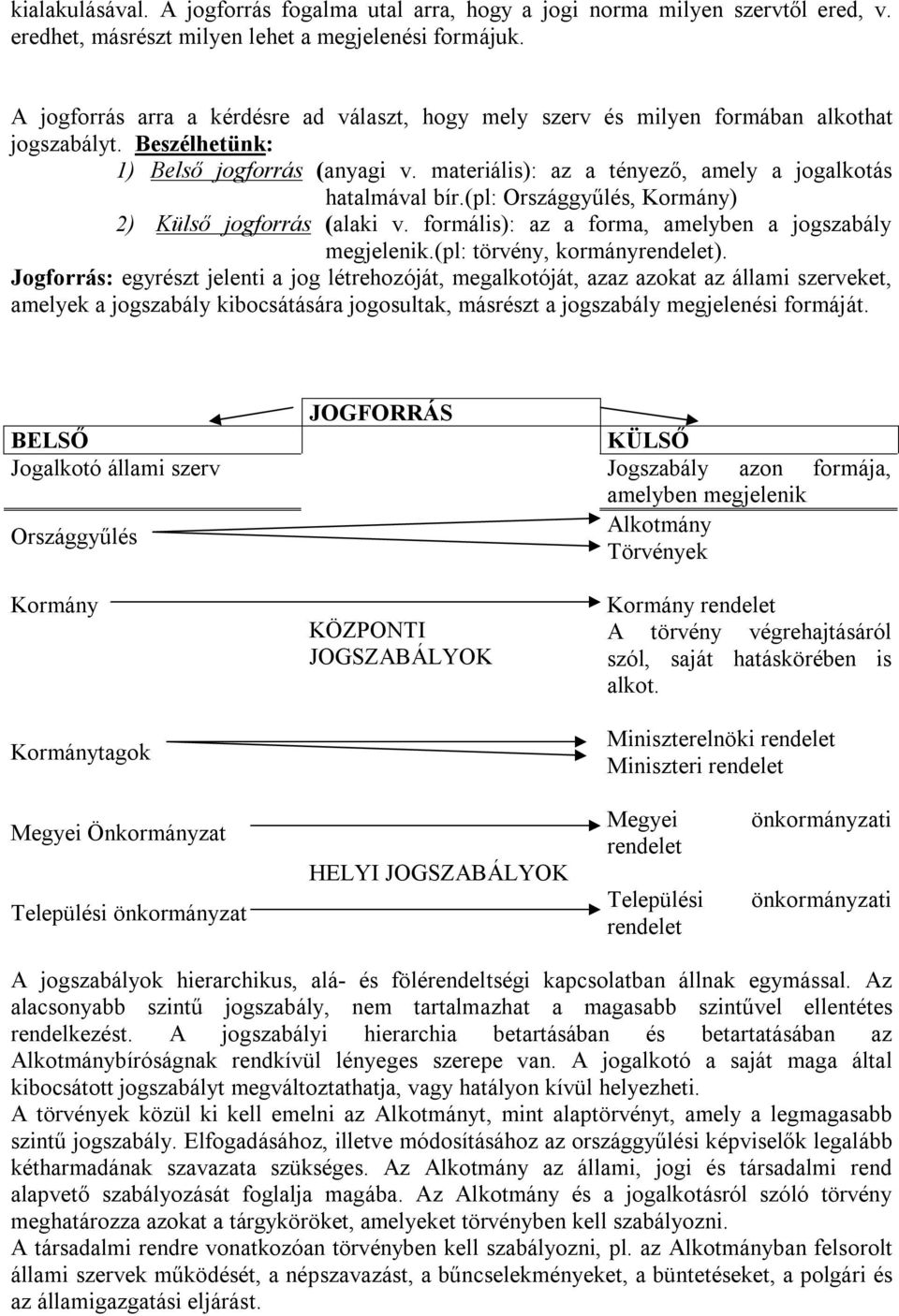 materiális): az a tényező, amely a jogalkotás hatalmával bír.(pl: Országgyűlés, Kormány) 2) Külső jogforrás (alaki v. formális): az a forma, amelyben a jogszabály megjelenik.