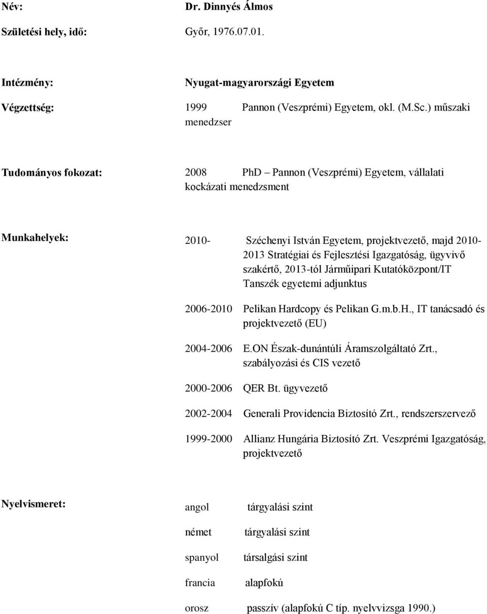 Fejlesztési Igazgatóság, ügyvivő szakértő, 2013-tól Járműipari Kutatóközpont/IT Tanszék egyetemi adjunktus 2006-2010 Pelikan Hardcopy és Pelikan G.m.b.H., IT tanácsadó és projektvezető (EU) 2004-2006 E.