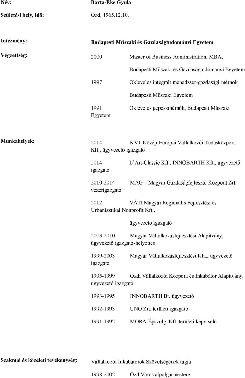 mérnök Budapesti Műszaki Egyetem 1991 Okleveles gépészmérnök, Budapesti Műszaki Egyetem Munkahelyek: 2014- KVT Közép-Európai Vállalkozói Tudásközpont Kft., ügyvezető igazgató 2014 L Art-Classic Kft.