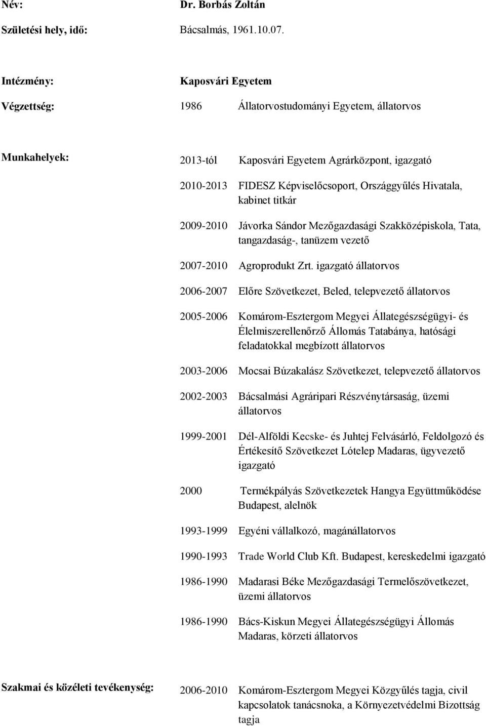 kabinet titkár 2009-2010 Jávorka Sándor Mezőgazdasági Szakközépiskola, Tata, tangazdaság-, tanüzem vezető 2007-2010 Agroprodukt Zrt.