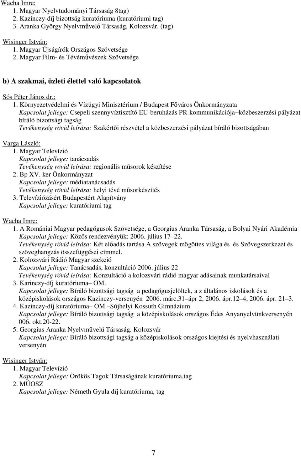 Környezetvédelmi és Vízügyi Minisztérium / Budapest Fıváros Önkormányzata Kapcsolat jellege: Csepeli szennyvíztisztító EU-beruházás PR-kommunikációja közbeszerzési pályázat bíráló bizottsági tagság