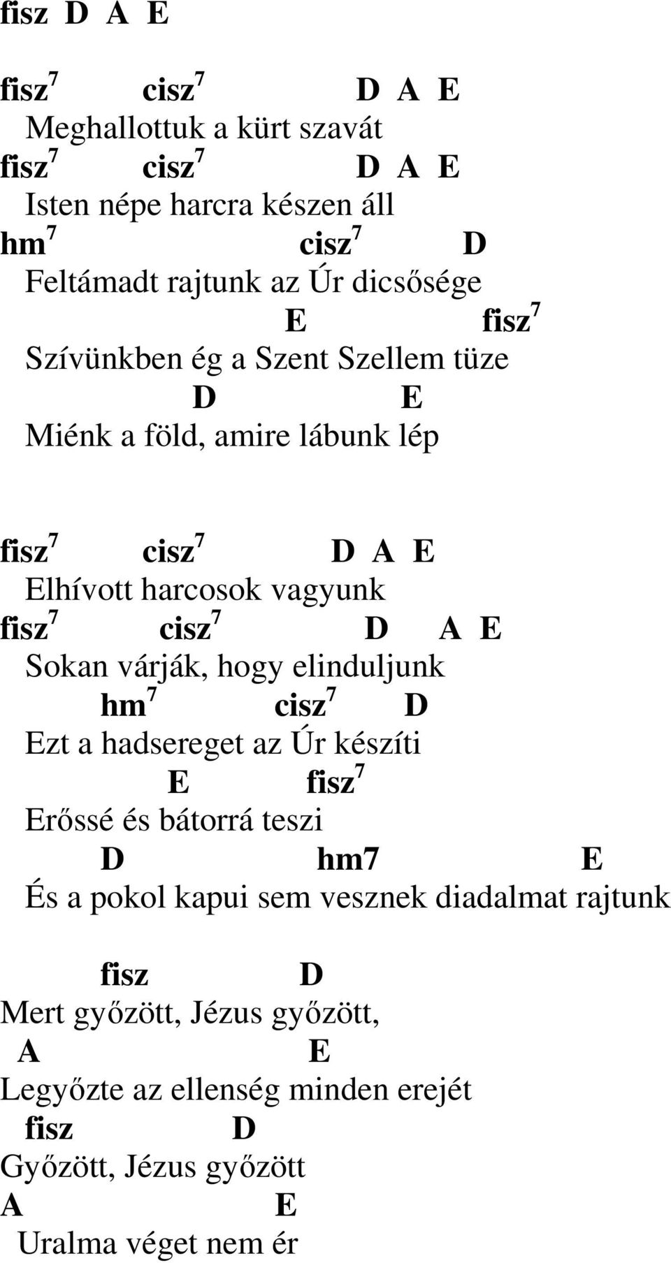 7 A E Sokan várják, hogy elinduljunk hm 7 cisz 7 Ezt a hadsereget az Úr készíti E fisz 7 Erőssé és bátorrá teszi hm7 E És a pokol kapui sem