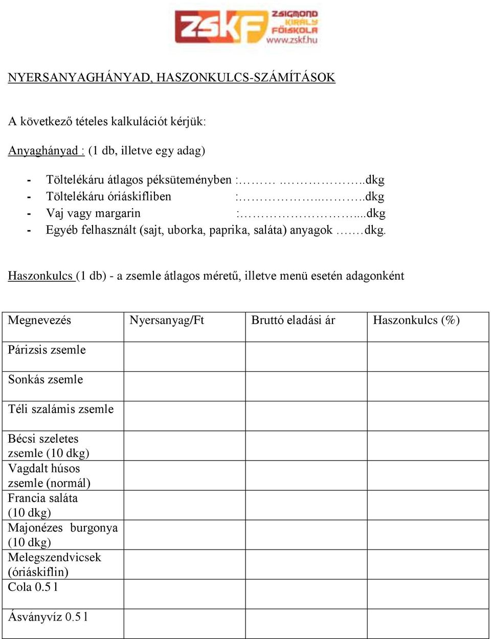 Haszonkulcs (1 db) - a zsemle átlagos méretű, illetve menü esetén adagonként Megnevezés Nyersanyag/Ft Bruttó eladási ár Haszonkulcs (%) Párizsis zsemle Sonkás