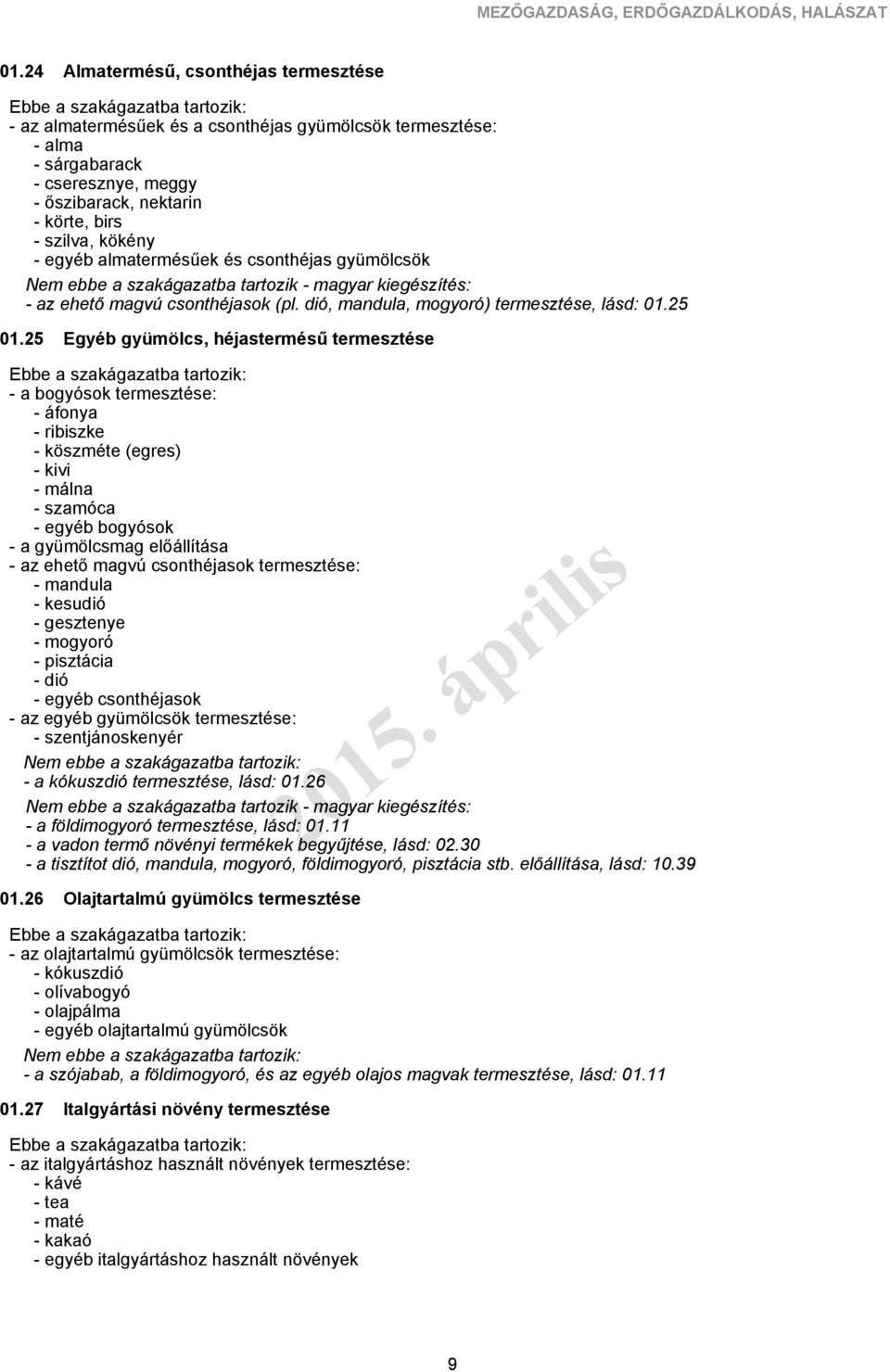 egyéb almatermésűek és csonthéjas gyümölcsök - az ehető magvú csonthéjasok (pl. dió, mandula, mogyoró) termesztése, lásd: 01.25 01.