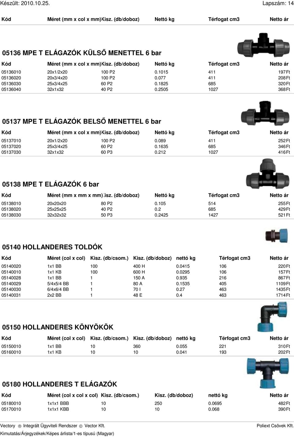 089 11 5Ft 0513700 5x3/x5 60 P 0.1635 685 36Ft 05137030 3x1x3 60 P3 0.1 107 16Ft 05138 MPE T ELÁGAZÓK 6 bar (mm x mm x mm) Kisz. (db/doboz) Nettó kg 05138010 0x0x0 80 P 0.