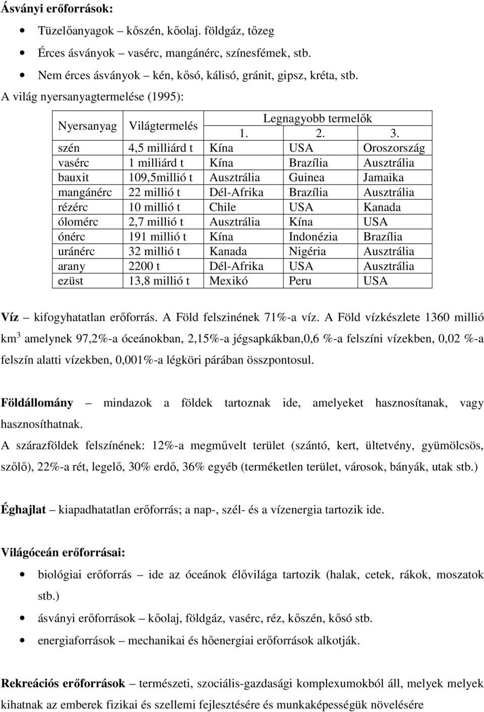 szén 4,5 milliárd t Kína USA Oroszország vasérc 1 milliárd t Kína Brazília Ausztrália bauxit 109,5millió t Ausztrália Guinea Jamaika mangánérc 22 millió t Dél-Afrika Brazília Ausztrália rézérc 10