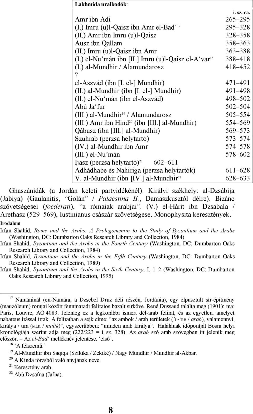 ) al-mundhir (ibn [I. el-] Mundhir) 491 498 (II.) el-nu mán (ibn el-aszvád) 498 502 Abú Ja fur 502 504 (III.) al-mundhir 19 / Alamundarosz 505 554 (III.) Amr ibn Hind 20 (ibn [III.