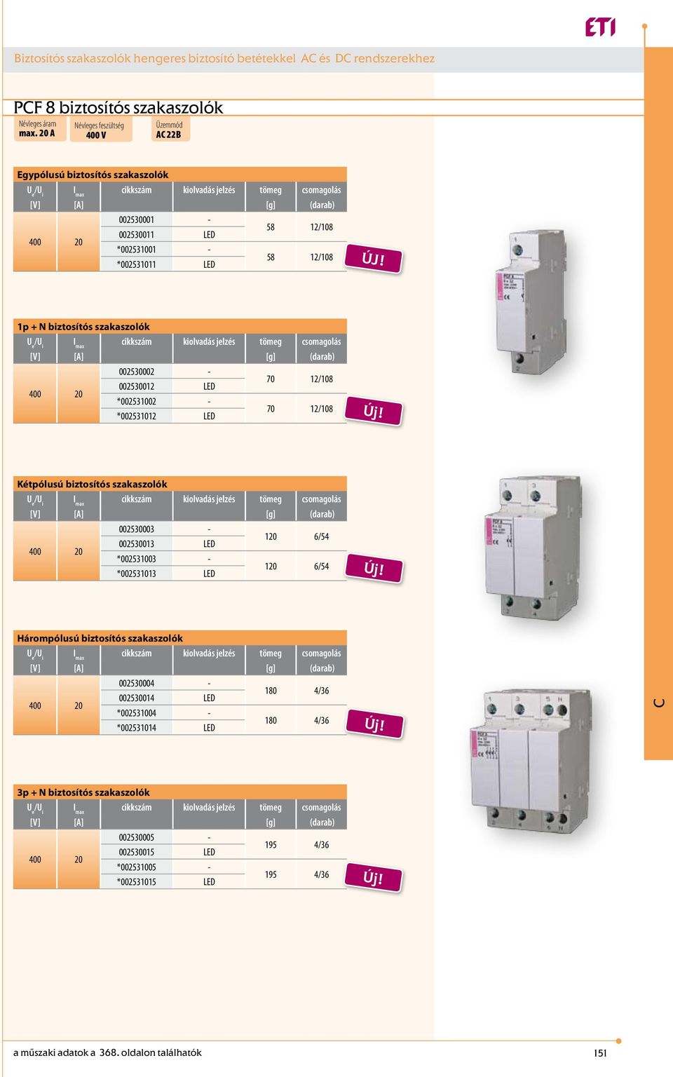 1p + N biztosítós szakaszolók 002530002-002530012 LED 70 12/108 *002531002 - *002531012 LED 70 12/108 002530003-002530013 LED 120 6/54 *002531003