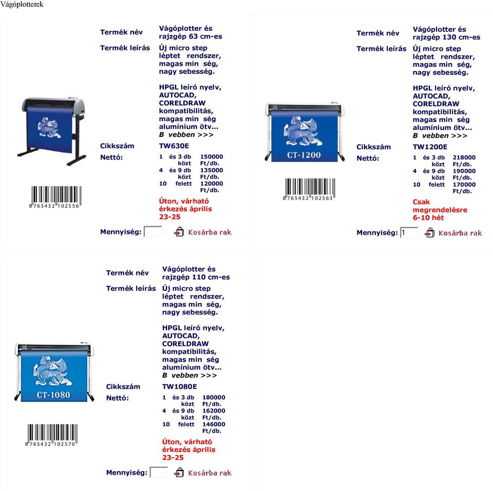 .. B vebben >>> TW630E 1 és 3 db 150000 4 és 9 db 135000 10 felett 120000 8 7 6 5 4 3 2 1 0 2 5 6 3 HPGL leíró nyelv, AUTOCAD, CORELDRAW kompatibilitás, magas min ség alumínium ötv.