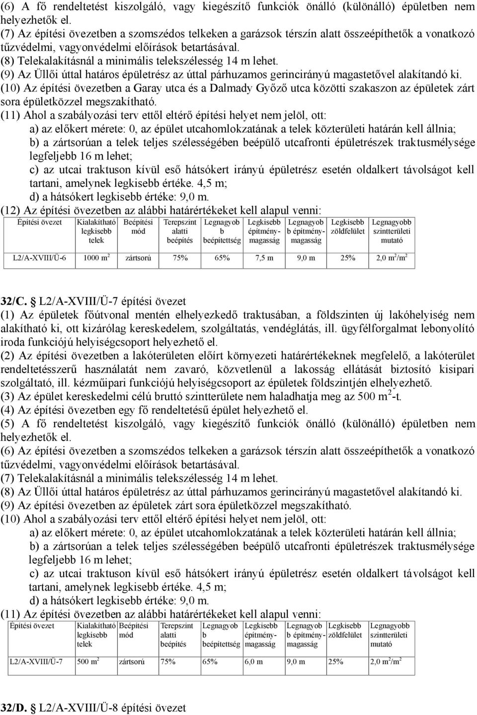 (8) Telekalakításnál a minimális telekszélesség 14 m lehet. (9) Az Üllői úttal határos épületrész az úttal párhuzamos gerincirányú magastetővel alakítandó ki.