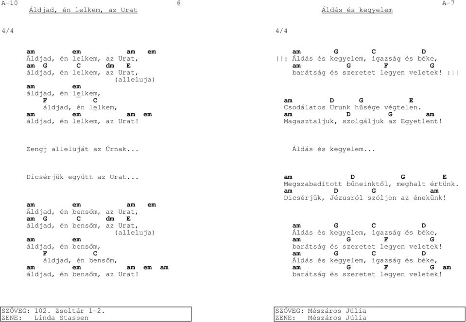am D G am Magasztaljuk, szolgáljuk az Egyetlent! Zengj alleluját az Úrnak... Áldás és kegyelem... Dicsérjük együtt az Urat.