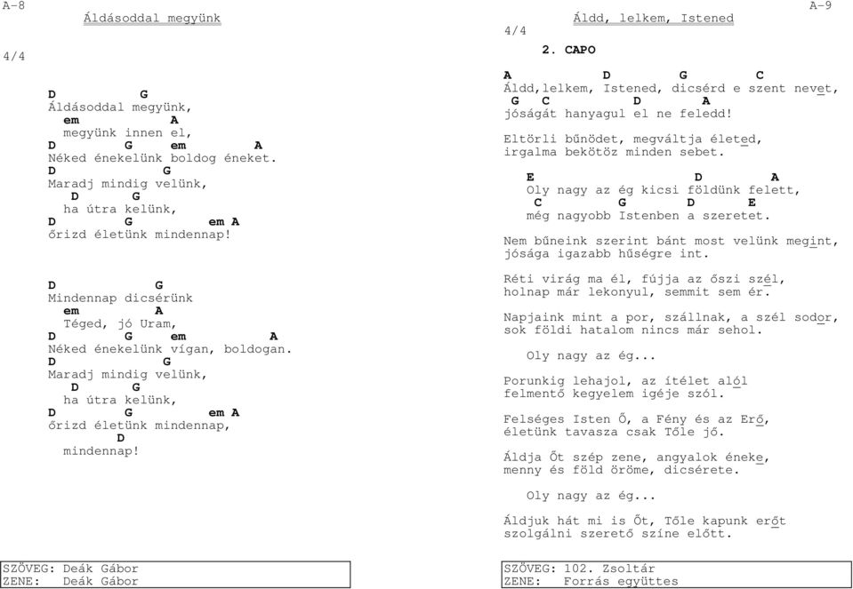 CAPO Áldd, lelkem, Istened A-9 A D G C Áldd,lelkem, Istened, dicsérd e szent nevet, G C D A jóságát hanyagul el ne feledd! Eltörli bűnödet, megváltja életed, irgalma bekötöz minden sebet.