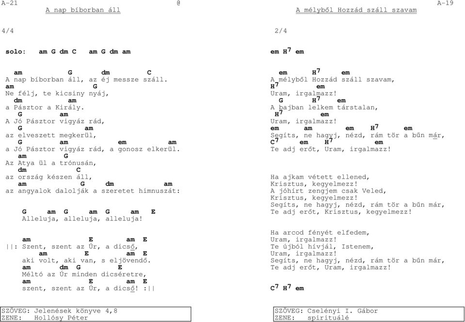 am G Az Atya ül a trónusán, dm C az ország készen áll, am G dm am az angyalok dalolják a szeretet himnuszát: G am G am G am E Alleluja, alleluja, alleluja!