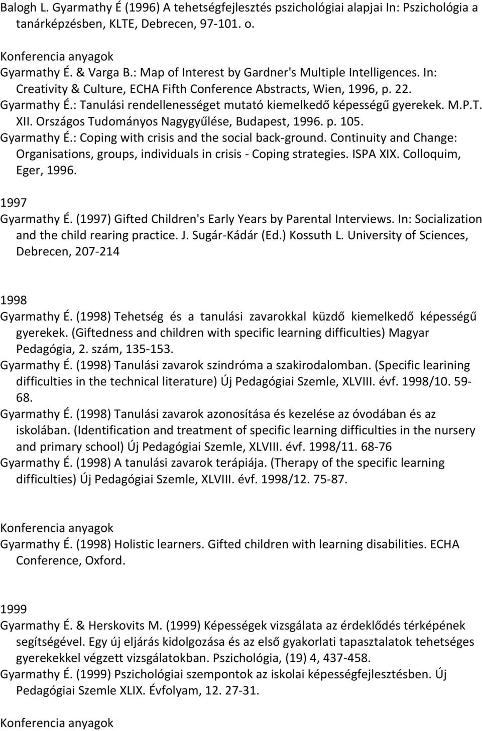 : Tanulási rendellenességet mutató kiemelkedő képességű gyerekek. M.P.T. XII. Országos Tudományos Nagygyűlése, Budapest, 1996. p. 105. Gyarmathy É.: Coping with crisis and the social back-ground.