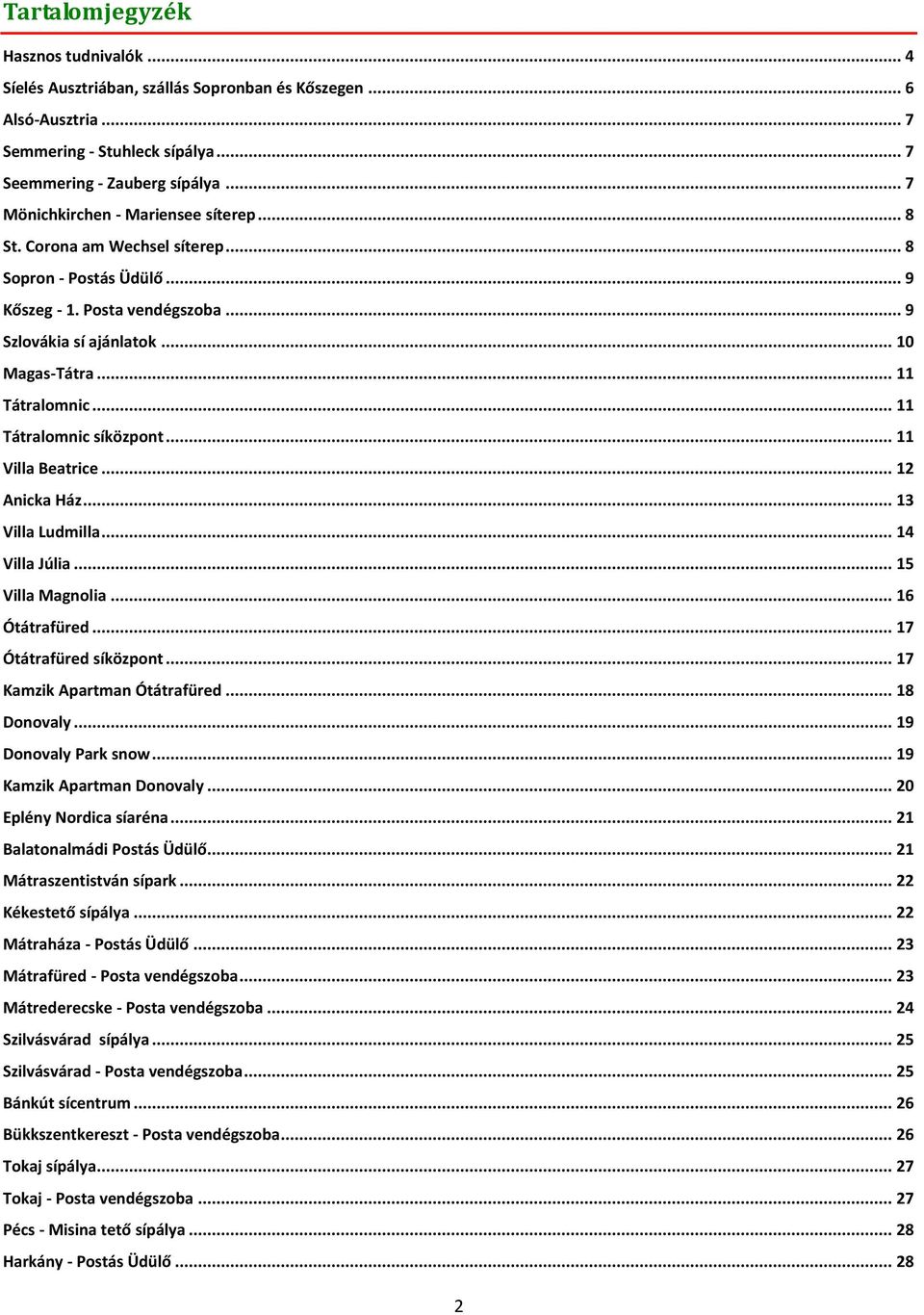 .. 11 Tátralomnic síközpont... 11 Villa Beatrice... 12 Anicka Ház... 13 Villa Ludmilla... 14 Villa Júlia... 15 Villa Magnolia... 16 Ótátrafüred... 17 Ótátrafüred síközpont.